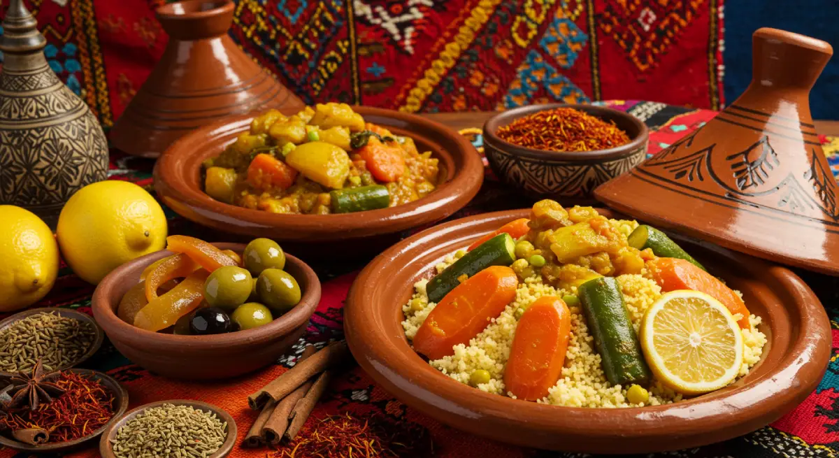 Moroccan cuisine. An assortment of traditional Moroccan dishes with tagine, couscous, olives, and preserved lemons, surrounded by spices.