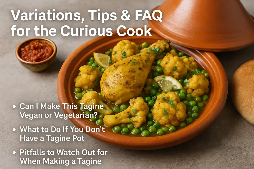 A vibrant serving of food of Morocco: chicken tagine with cauliflower and peas in a clay dish, shown with preserved lemon and harissa, highlighting common variations and serving tips.