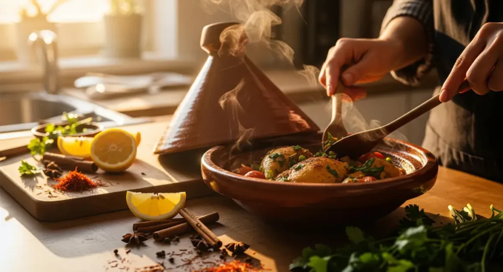 Close-up shot of hands stirring a steaming Moroccan chicken tagine pot with lemons and spices, bathed in warm sunlight.