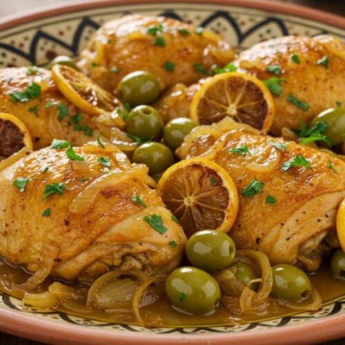 A traditional Moroccan chicken tagine served in a plat, with preserved lemons, green olives, and fresh herbs