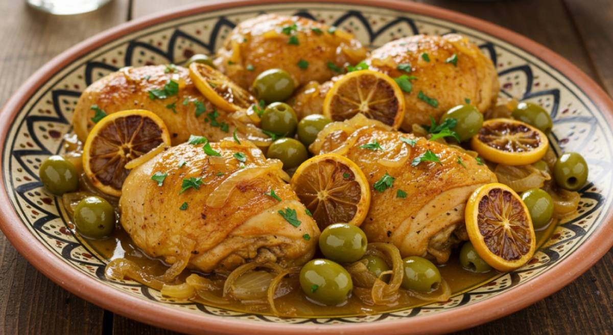 A traditional Moroccan chicken tagine served in a plat, with preserved lemons, green olives, and fresh herbs