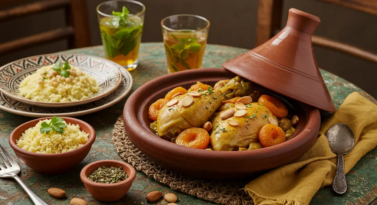 Traditional Moroccan tagine chicken served in a clay pot with apricots, almonds, on a rustic Moroccan table