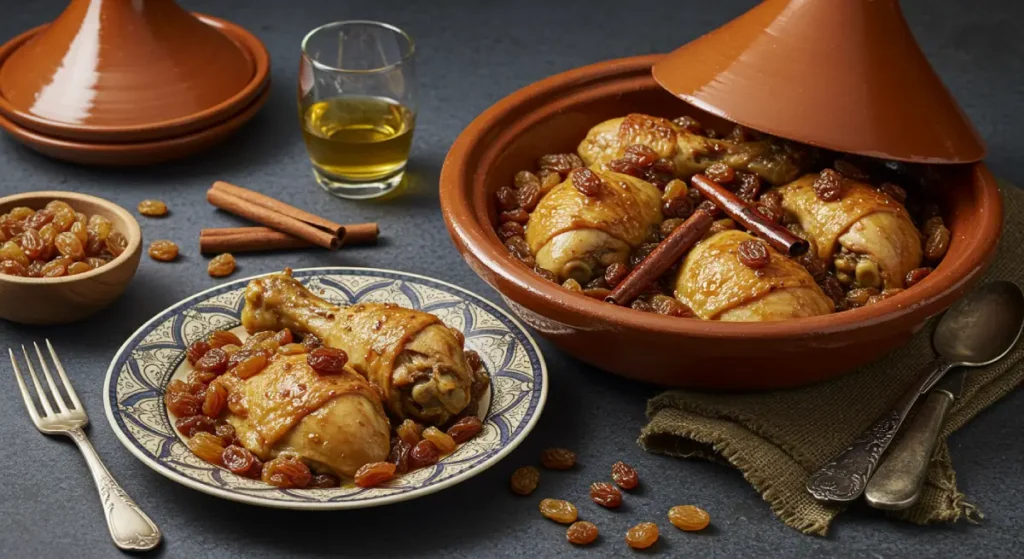 Moroccan dish. Moroccan chicken tagine with raisins, highlighting the balance of sweet and savory flavors.