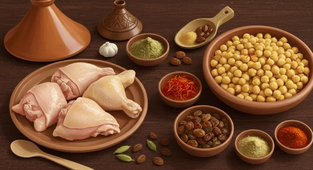 Moroccan dish. The essential ingredients for Moroccan chicken tagine, including chicken, chickpeas, raisins, and spices like saffron.