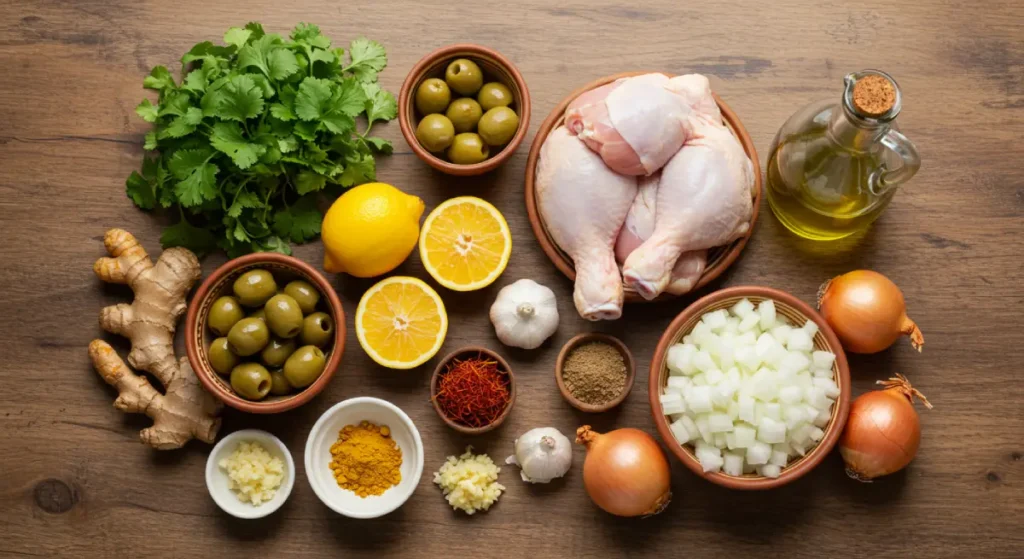 Moroccan chicken tagine ingredients including preserved lemons, olives, and spices