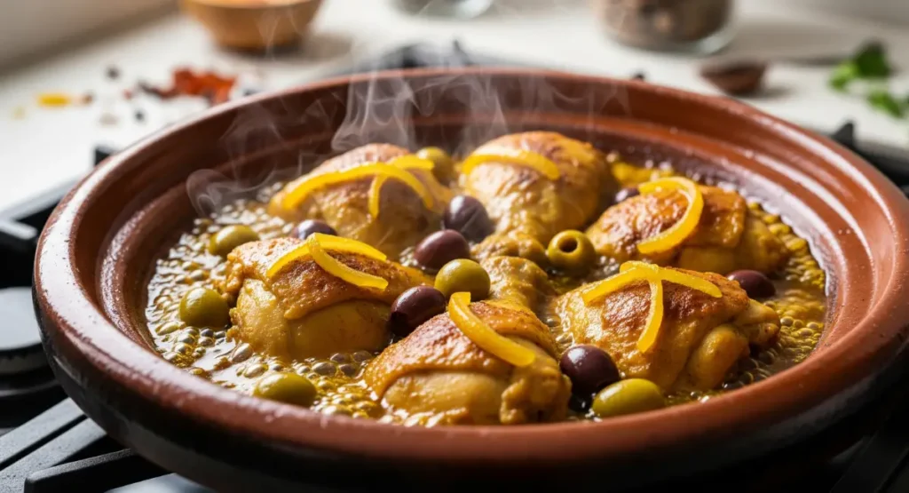 Preserved lemon peel and green olives added on top of simmering Moroccan chicken tagine