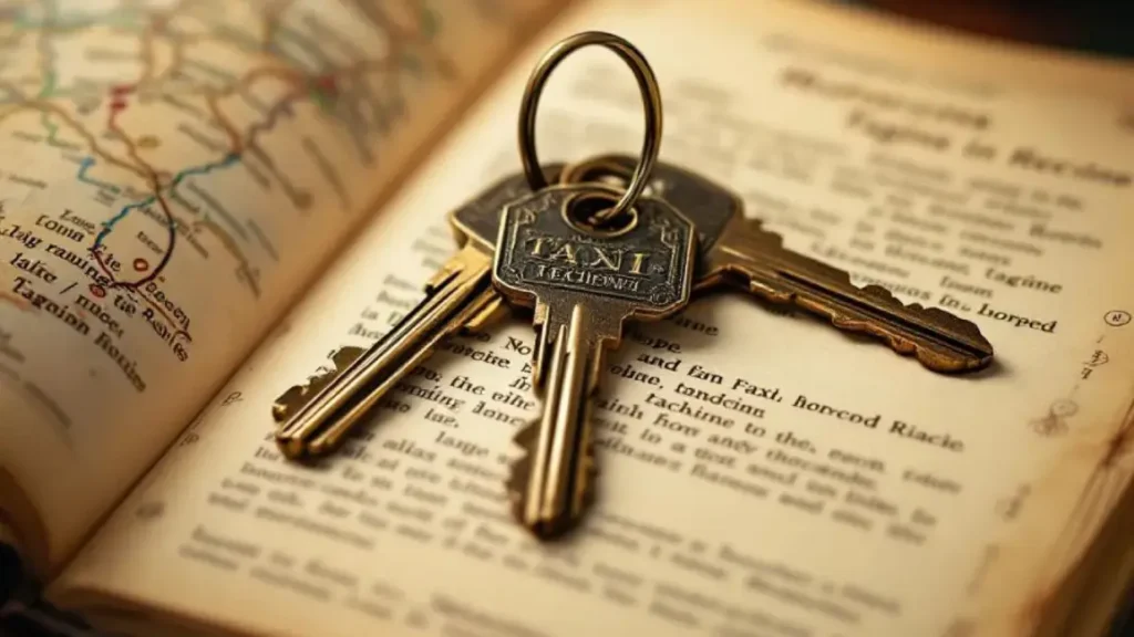 Vintage taxi keys resting on open Moroccan chicken tagine recipe cookbook page, blurred map background showing culinary journey