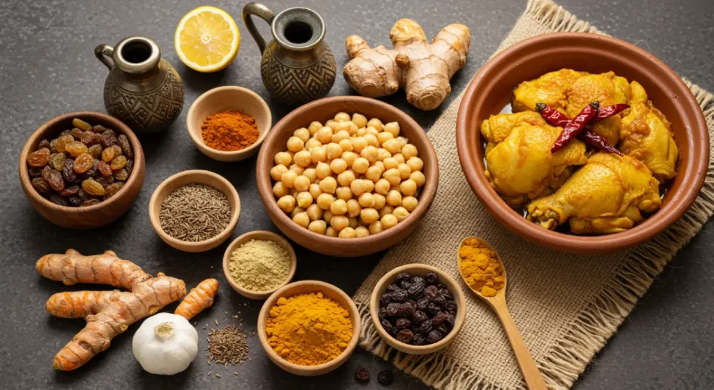 Moroccan dish. Chickpeas, raisins, and spices like cumin and turmeric used in Moroccan chicken tagine, showcasing their health benefits