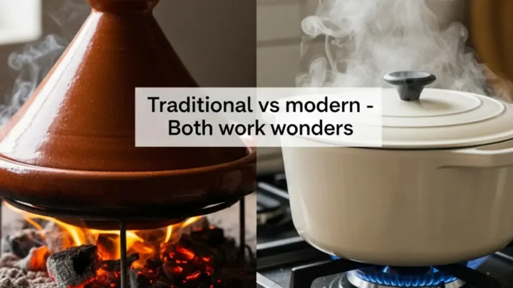comparison of traditional clay tagine vs modern Dutch oven for cooking Moroccan chicken tagine, showing steam and preparation techniques