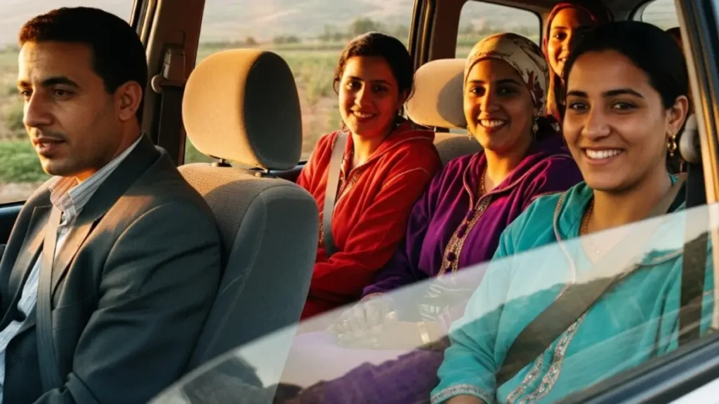 four Moroccan women in colorful kaftans inside white Nissan Evalia taxi during Moroccan chicken tagine preparation journey, driver in gray suit steering.