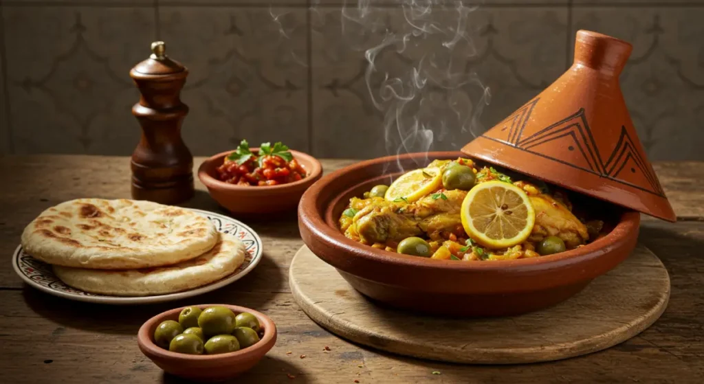 A traditional Moroccan chicken tagine with preserved lemons and olives