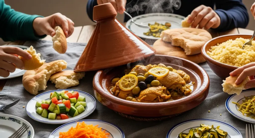 Final Moroccan chicken tagine meal served in clay pot with bread, couscous, and salads on a family table