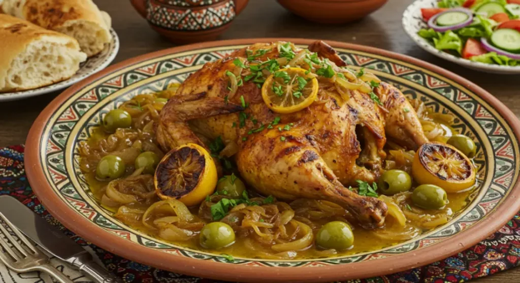 Moroccan chicken tagine with couscous, mint tea, and fresh salads