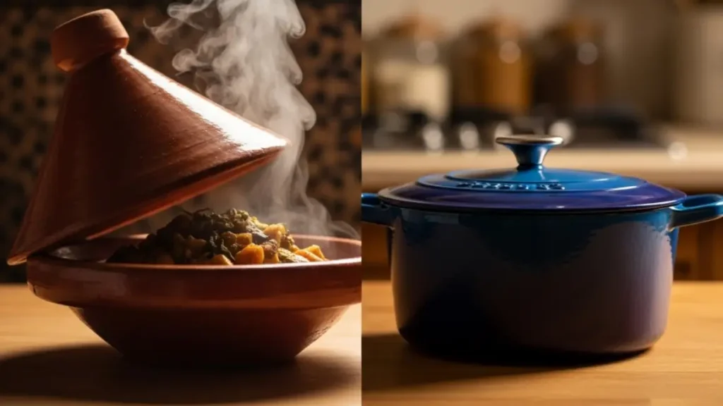 traditional clay tagine beside modern Dutch oven for Moroccan chicken tagine, both with steam rising, aluminum foil hack visible
