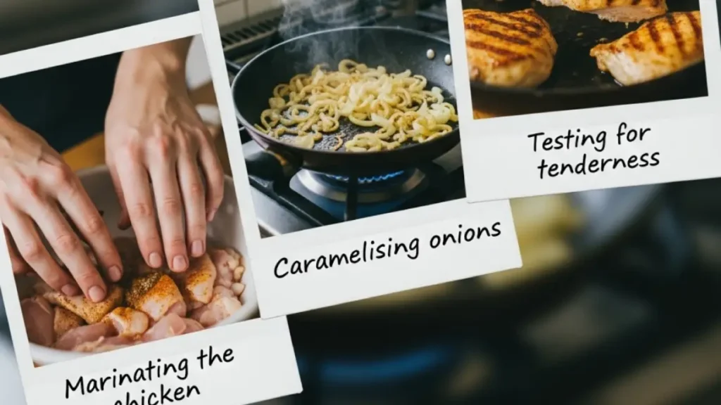 essential Moroccan chicken tagine cooking steps: massaging chicken, caramelizing onions, and testing tenderness with timestamps