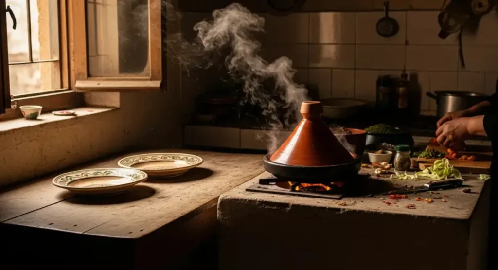 Traditional Moroccan chicken tagine cooking in a rustic mountain home kitchen with clay pot and warm sunlight