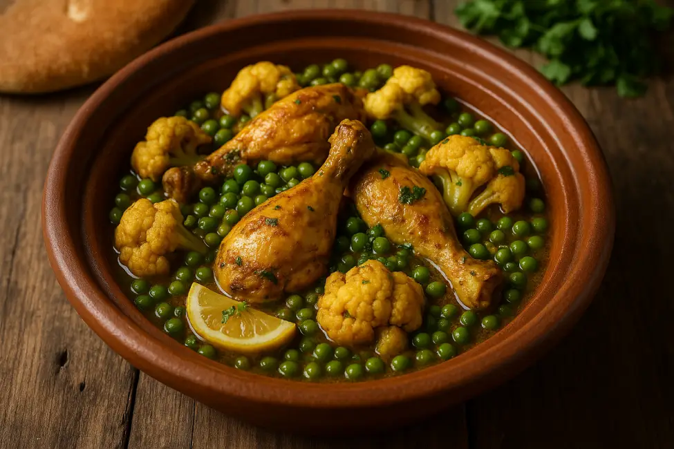 Final dish of food of Morocco: traditional chicken tagine with cauliflower and peas, served with preserved lemon in a clay pot on a wooden table.