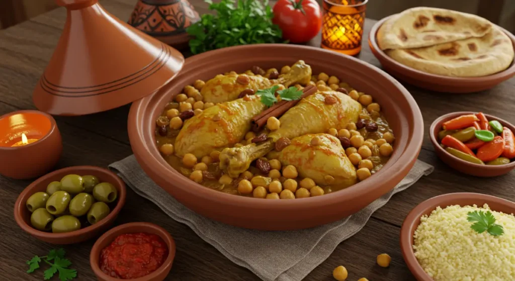 A traditional Moroccan dish featuring chicken tagine with chickpeas, raisins, and aromatic spices, served with couscous and Moroccan bread.