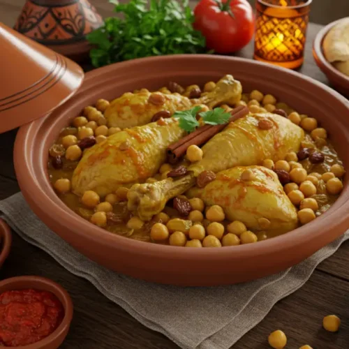 A traditional Moroccan dish featuring chicken tagine with chickpeas, raisins, and aromatic spices, served with couscous and Moroccan bread.