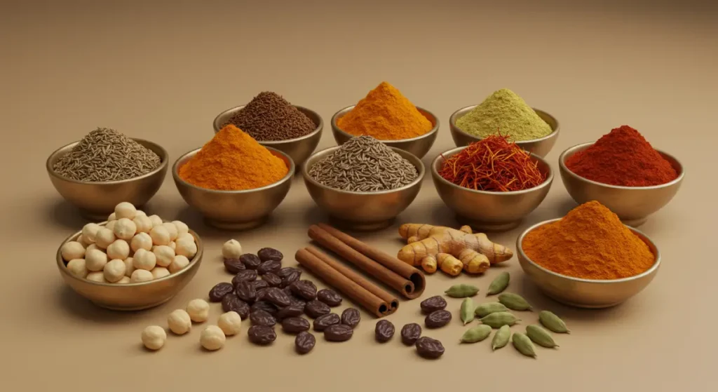Moroccan dish. A variety of Moroccan spices and key ingredients like chickpeas and raisins on a rustic table.