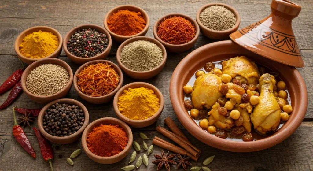 Moroccan dish. A collection of Moroccan spices including cumin, cinnamon, saffron, and paprika, used in chicken tagine.