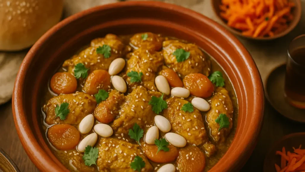 Moroccan chicken tagine in clay pot with golden sauce, apricots, almonds and sesame seeds, served with traditional bread and salad