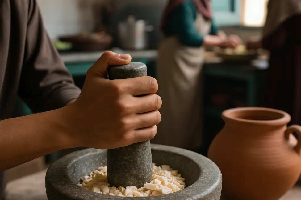 Moroccan hands pounding almonds in stone mortar for Moroccan chicken tagine, traditional kitchen background, natural lighting