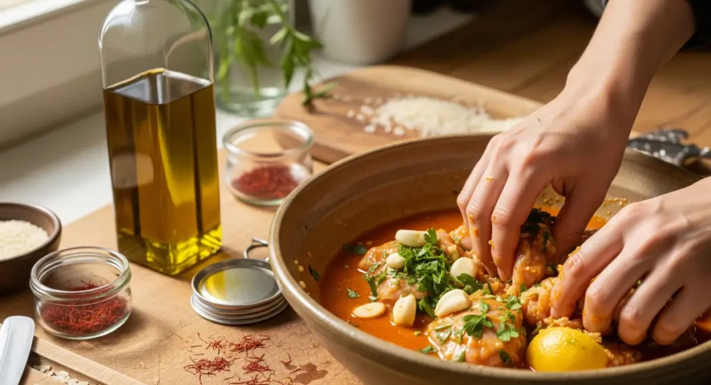 Hands mixing chicken with herbs, spices, and lemon pulp in a bowl for Moroccan chicken tagine marinade
