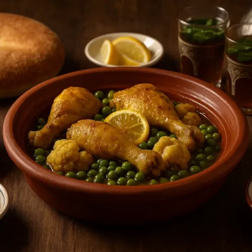 Traditional food of Morocco served at the table: chicken tagine with cauliflower and peas, Moroccan bread, mint tea, olives, and fresh salads in a warm family setting.