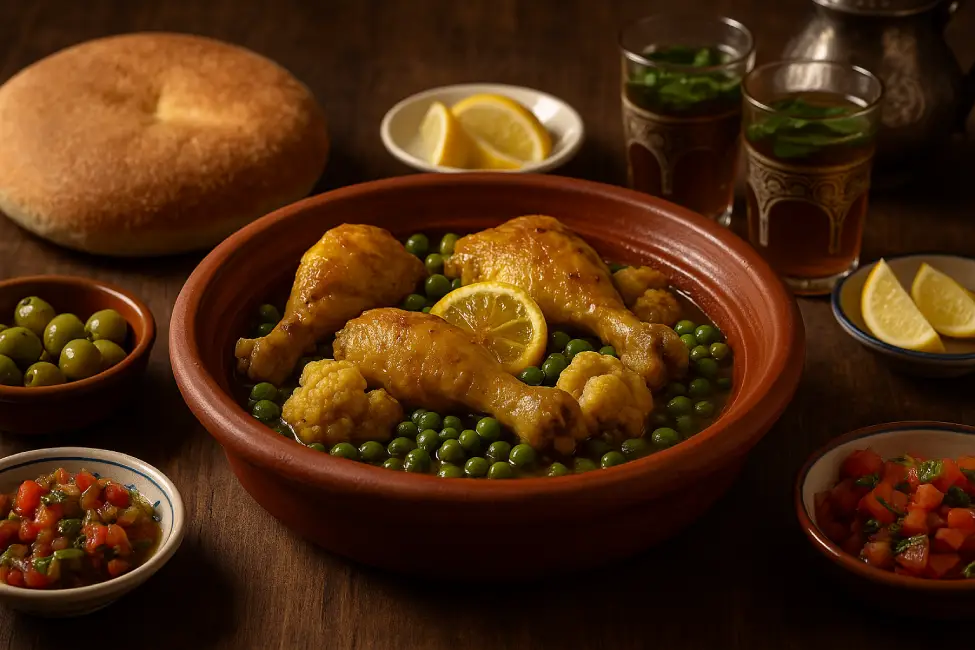 Traditional food of Morocco served at the table: chicken tagine with cauliflower and peas, Moroccan bread, mint tea, olives, and fresh salads in a warm family setting.
