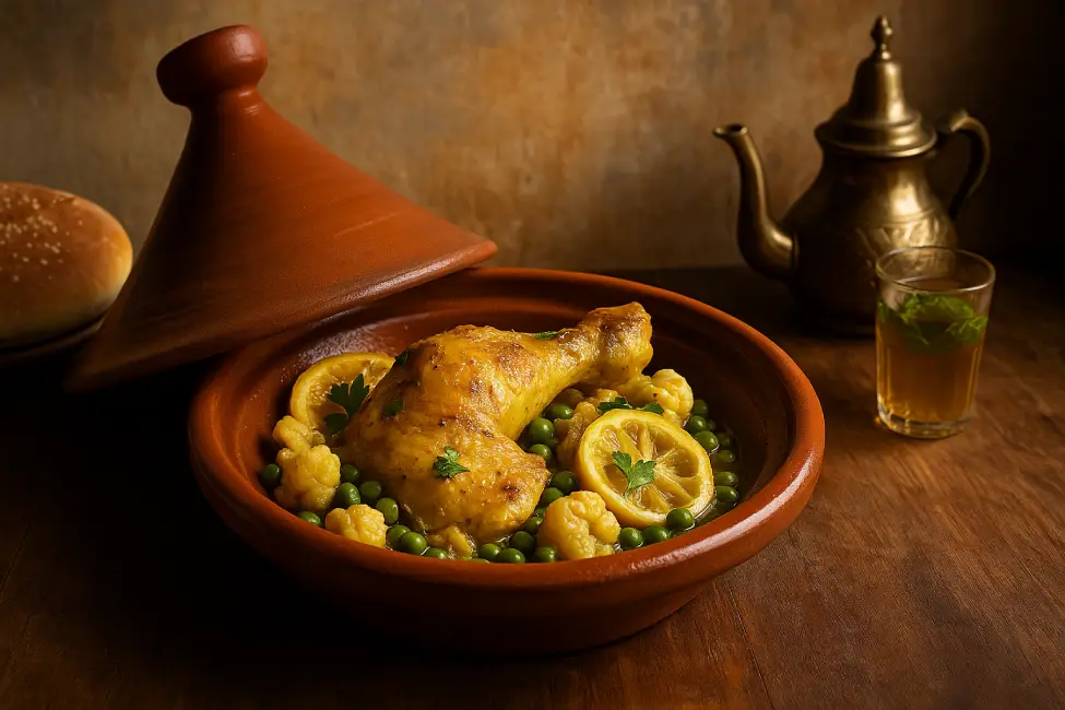 A traditional food of Morocco: chicken tagine served in an earthenware pot with cauliflower, peas, preserved lemon, and Moroccan mint tea on a rustic table.