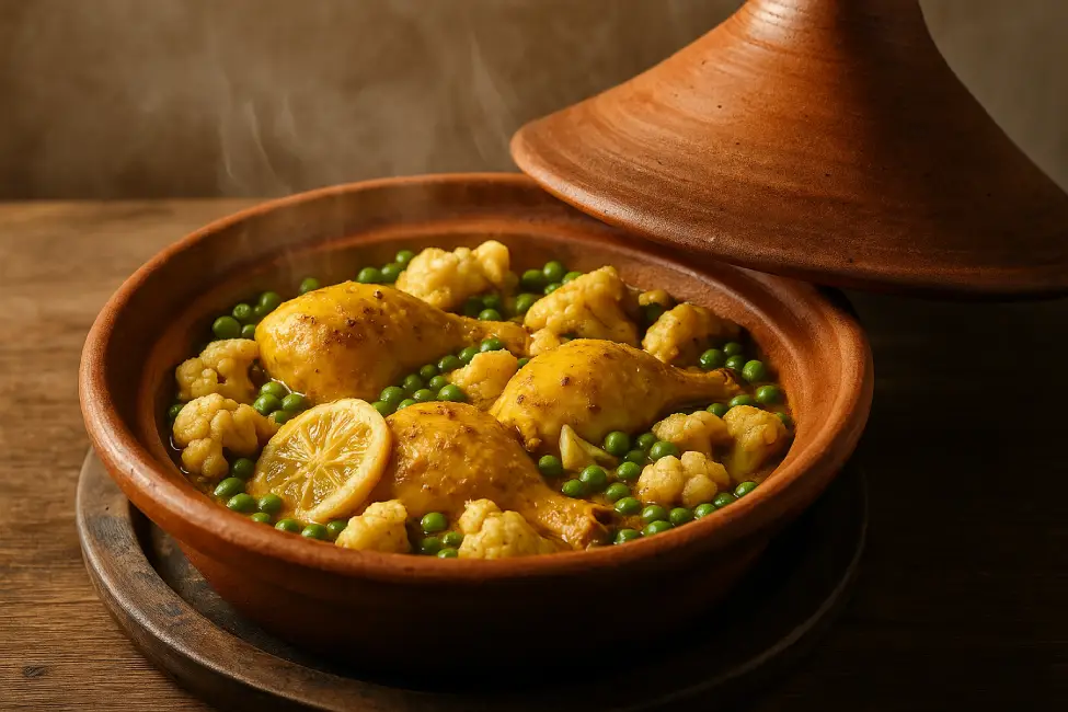 Traditional food of Morocco: chicken tagine with cauliflower and peas simmering in a clay pot, slowly cooking with steam and rich spices.