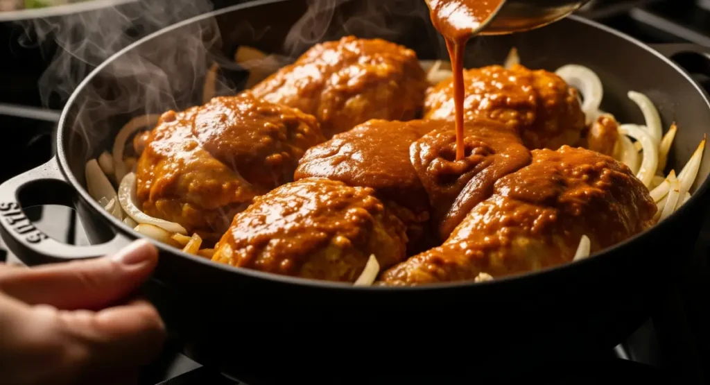 Marinated chicken placed over onions in a pot, ready to slow cook for Moroccan chicken tagine