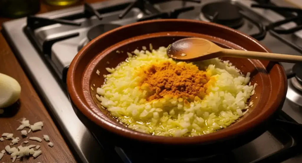Grated onions cooking with turmeric and salt in a pot to start Moroccan chicken tagine