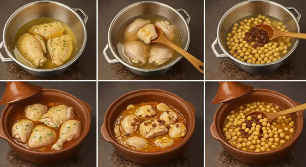 Moroccan dish. Step-by-step preparation of Moroccan chicken tagine with chickpeas and raisins in a traditional Moroccan tagine pot.
