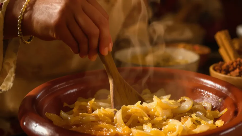 Close-up of an older woman's hands gently stirring golden, caramelizing onions in a traditional terracotta pot, the first step in making the daghmira sauce for an authentic Moroccan chicken tagine.