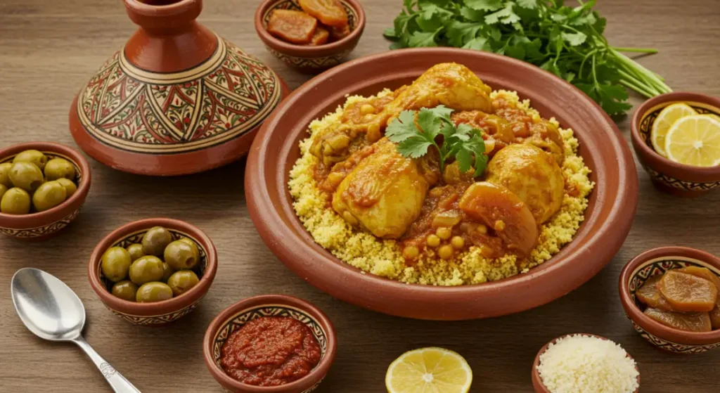 Moroccan dish. Moroccan chicken tagine served with couscous, khobz, and fresh herbs for a traditional dining experience.