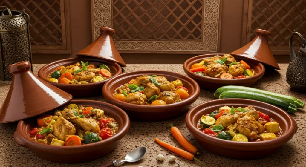 Moroccan dish. Various substitutions for Moroccan chicken tagine, including lamb, tofu, and vegetables.