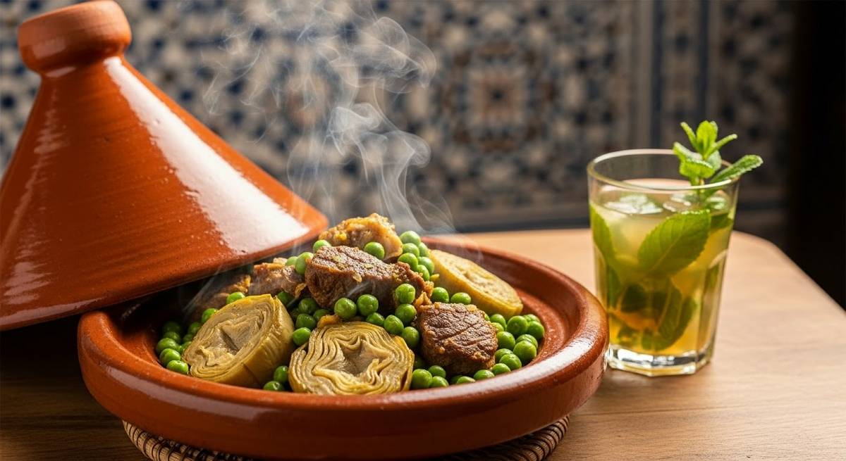 Moroccan meat peas and artichoke tagine cooking in a rustic clay pot with steaming fresh ingredients
