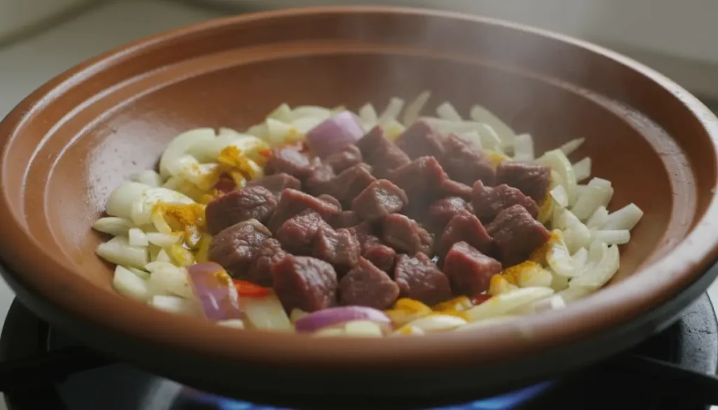Browning meat cubes cooking with Maillard reaction for Moroccan tagine cooking.