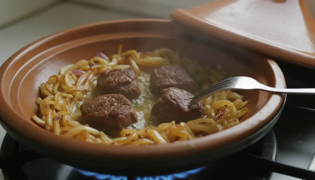 Adding spices and layering artichokes and peas over meat in Moroccan tagine cooking.
