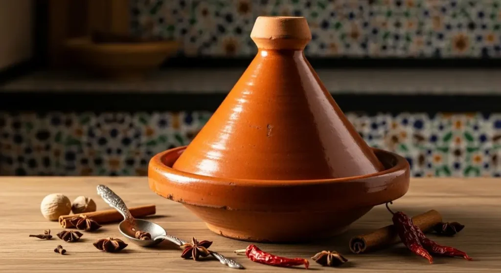 Authentic Moroccan clay tagine cooking pot with cone lid in traditional kitchen