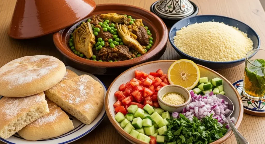 Moroccan side dishes with couscous khobz bread fresh salad and mint tea. tagine cooking