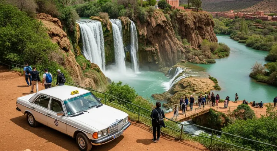 Tagine cooking. White Mercedes 240 taxi near Ouzoud Waterfalls and lake, Morocco, landscape scene