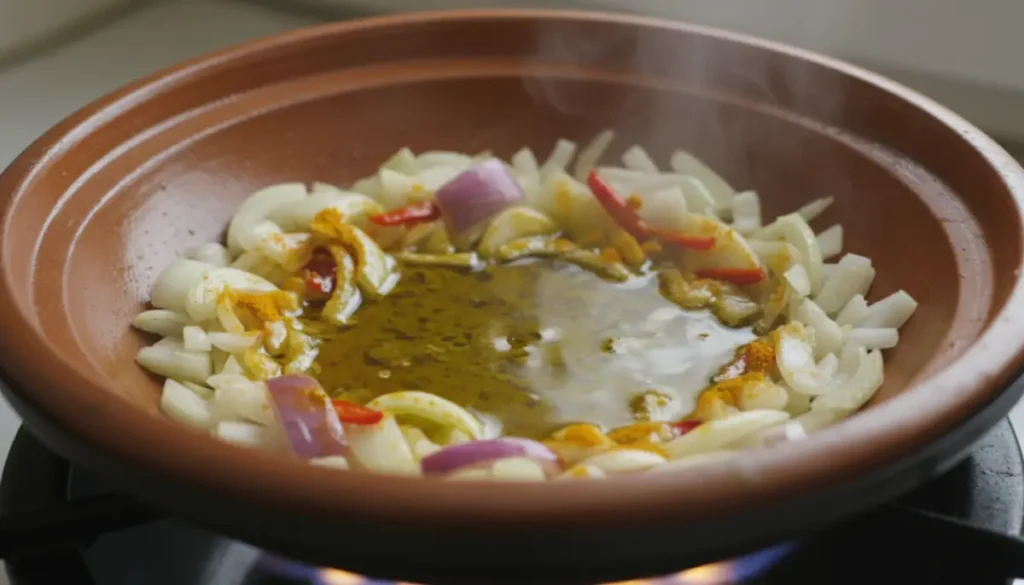 Cooking step softening chopped onions in olive oil for Moroccan tagine cooking.