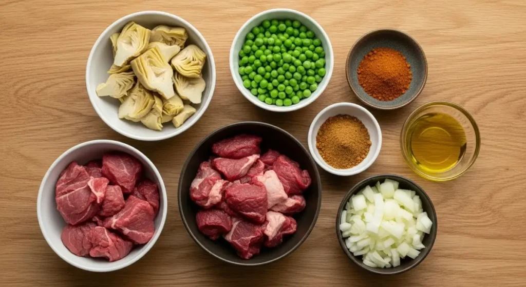Fresh ingredients for Moroccan tagine cooking, including artichokes peas beef lamb and spices