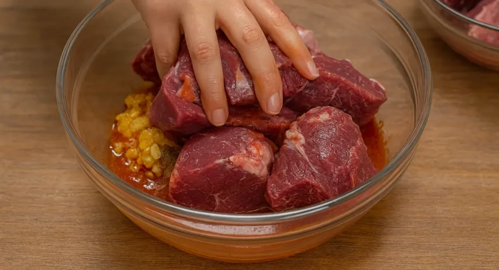 A woman’s hand placing chunks of raw beef into a glass bowl of saffron and spice marinade for Moroccan beef tagine.