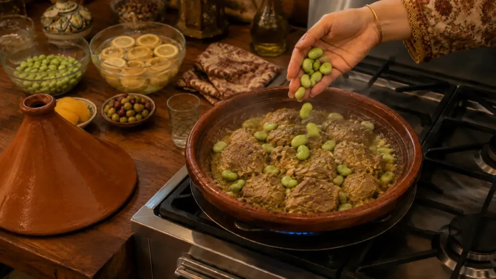 Beef Tagine Recipe with fresh fava beans added around partially cooked beef in a clay tagine over low heat