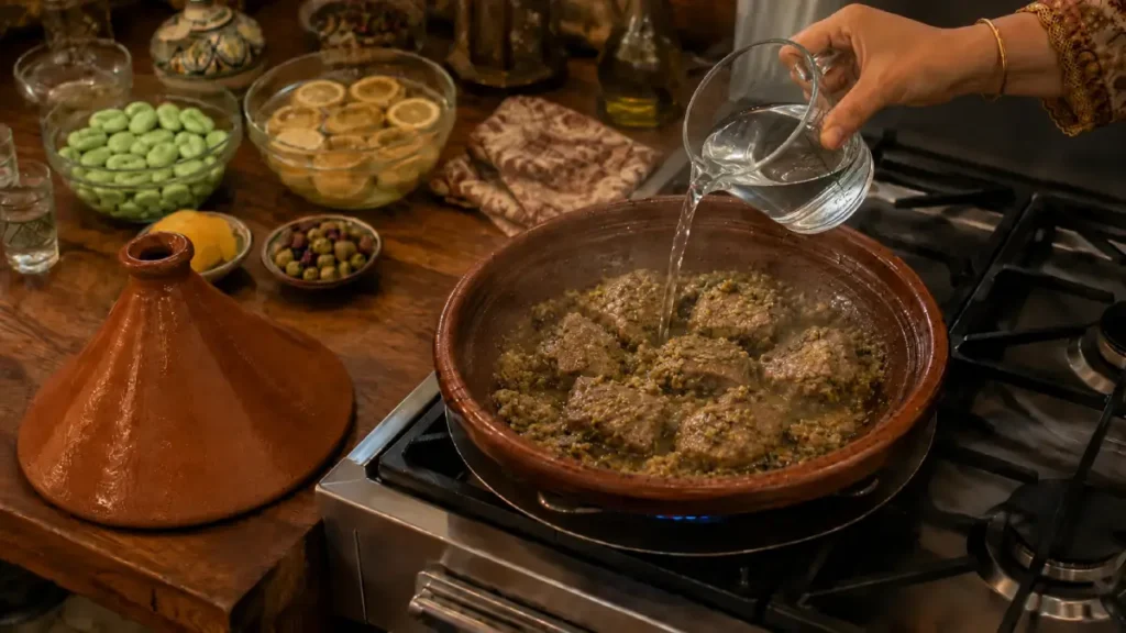 Adding ¾ cup of hot water to a Beef Tagine Recipe after gently browning the meat