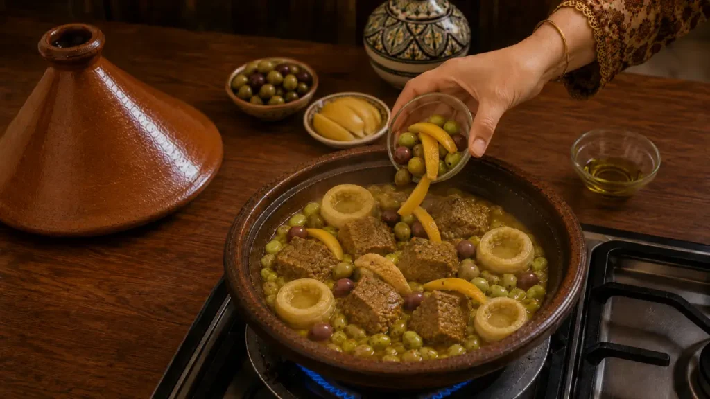 Beef Tagine Recipe with olives and preserved lemon added to tender beef, fava beans, and artichoke bottoms